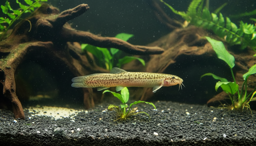 "Weather Loach (Misgurnus anguillicaudatus) swimming in a vibrant aquarium with lush decorations."