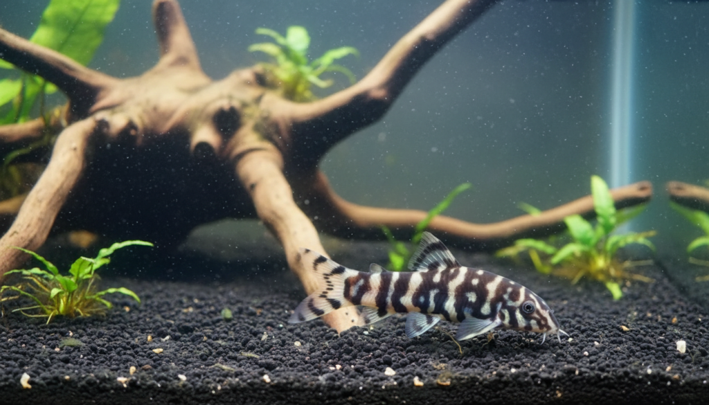 "Yoyo Loach (Botia almorhae) swimming gracefully in an aquarium, showcasing its striking patterns."
