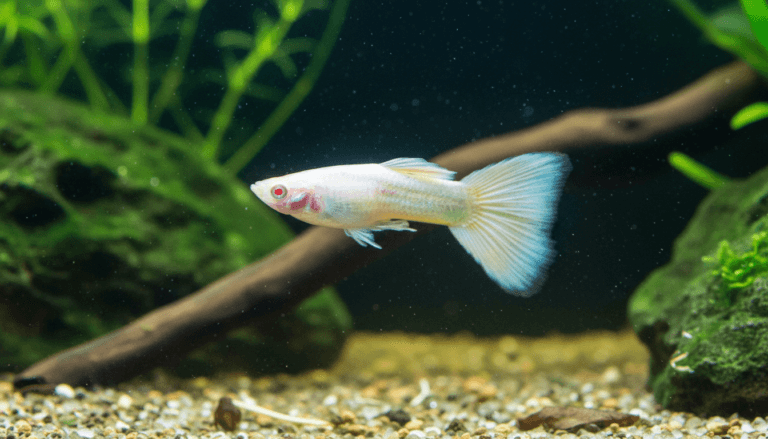 Albino guppy (Poecilia reticulata) swimming gracefully in a vibrant aquarium setting.