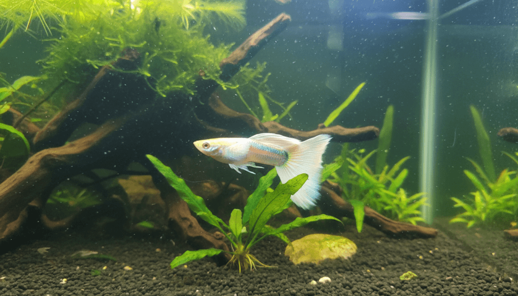 "Albino guppy (Poecilia reticulata) gracefully swims in a vibrant aquarium filled with aquatic plants."