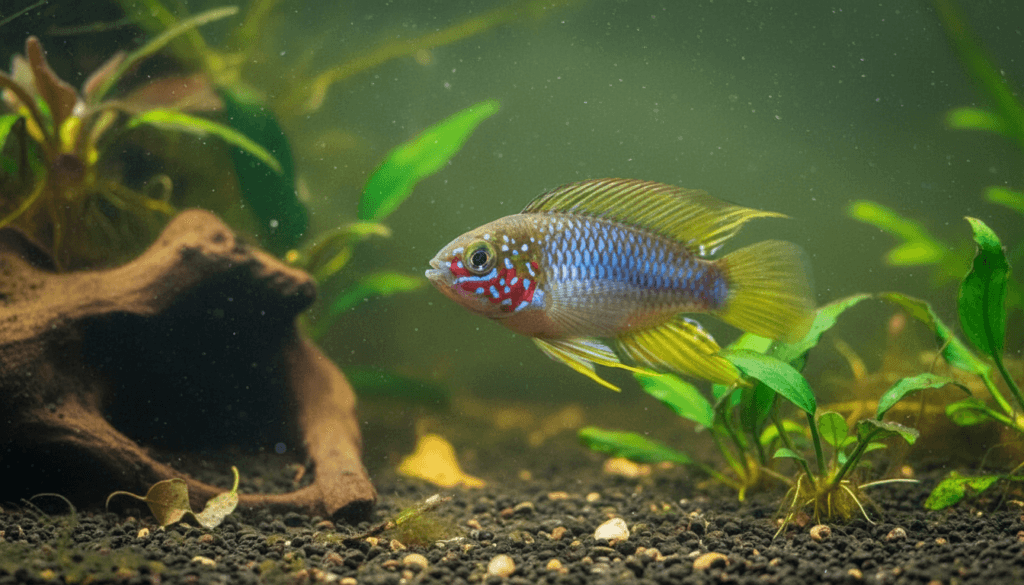 "Apistogramma borellii, also known as Borelli's dwarf cichlid, in a vibrant aquarium setting."