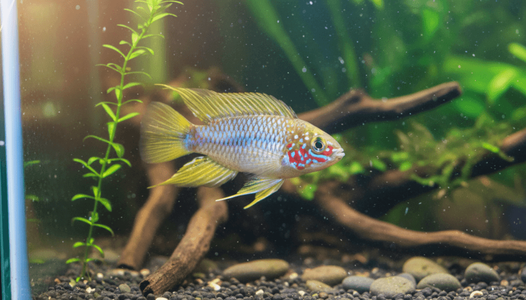 Colorful apistogramma-borellii, or borelli dwarf cichlid, showcasing its vibrant hues in a planted aquarium.
