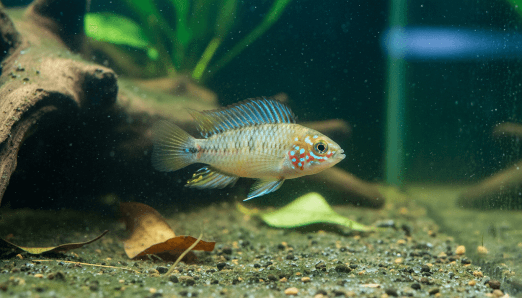 "Vibrant apistogramma-borellii, also known as Borelli's dwarf cichlid, in a beautifully planted aquarium."