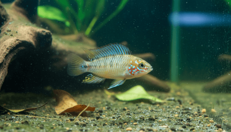 "Vibrant apistogramma-borellii, also known as Borelli's dwarf cichlid, in a beautifully planted aquarium."