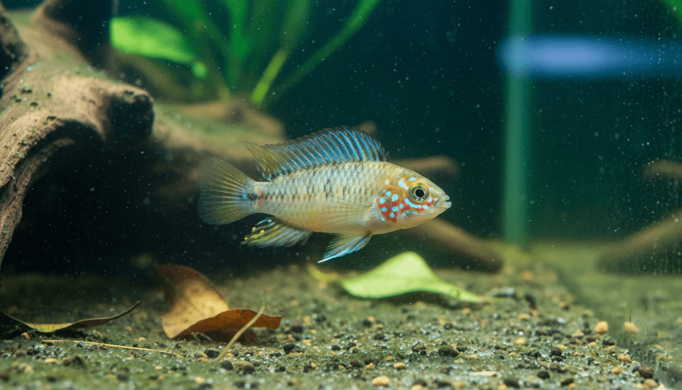 "Vibrant apistogramma-borellii, also known as Borelli's dwarf cichlid, in a beautifully planted aquarium."