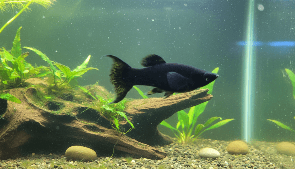 Black molly specie swimming in a planted aquarium