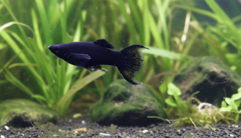 "Black Molly (Poecilia sphenops) aquarium care guide with vibrant fish swimming among plants."