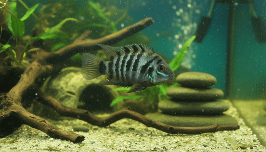 A convict cichlid (Amatitlania nigrofasciata) swimming in a vibrant home aquarium landscape.