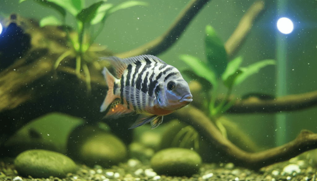 "Colorful convict-cichlid (Amatitlania nigrofasciata) swimming in a vibrant home aquarium setting."