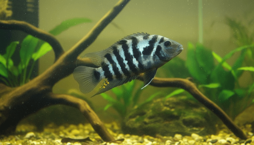 "Colorful convict-cichlid (Amatitlania nigrofasciata) exploring a vibrant aquarium environment with plants."