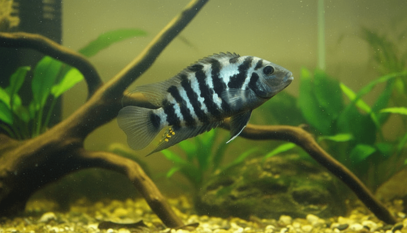 "Colorful convict-cichlid (Amatitlania nigrofasciata) exploring a vibrant aquarium environment with plants."