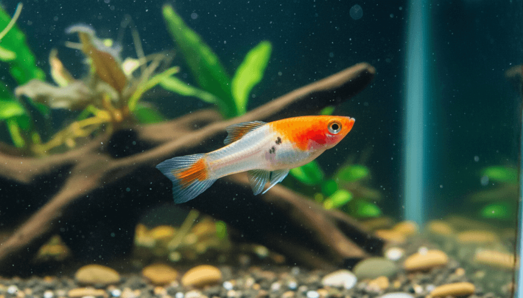 Colorful kohaku-swordtail (Xiphophorus helleri) swimming gracefully in a vibrant home aquarium setting.