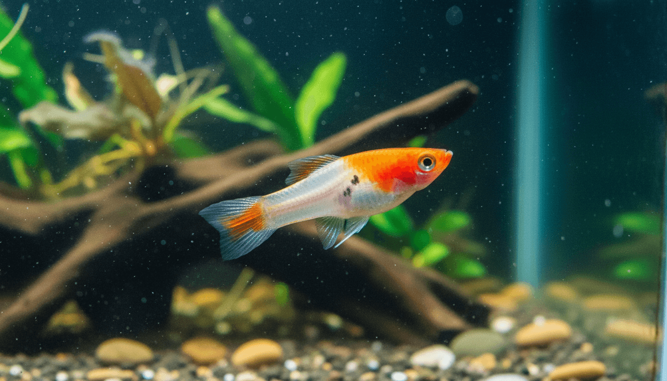 Colorful kohaku-swordtail (Xiphophorus helleri) swimming gracefully in a vibrant home aquarium setting.