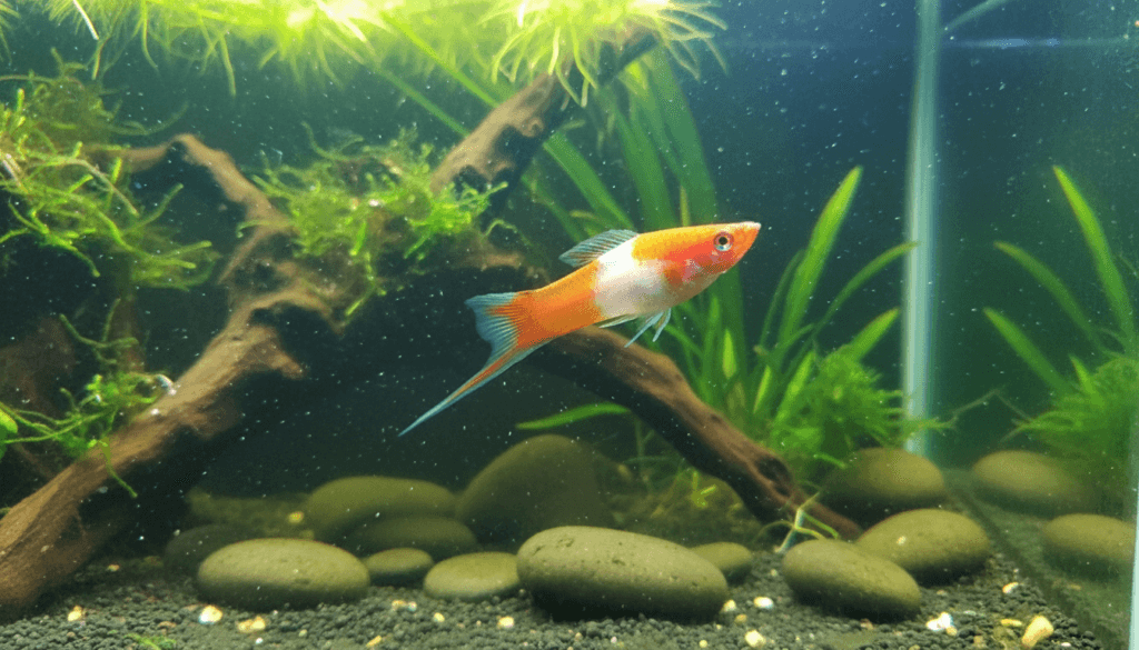 Vibrant kohaku-swordtail (Xiphophorus helleri) showcasing its stunning colors in a beautifully designed aquarium.