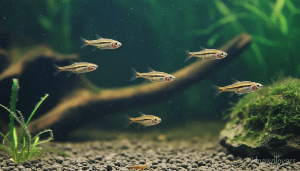 "Colorful least-rasbora fish (Boraras urophthalmoides) swimming in a vibrant freshwater aquarium setting."
