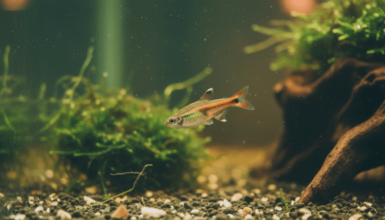 "Colorful least-rasbora (Boraras brigittae) swimming in a vibrant aquarium habitat with plants."