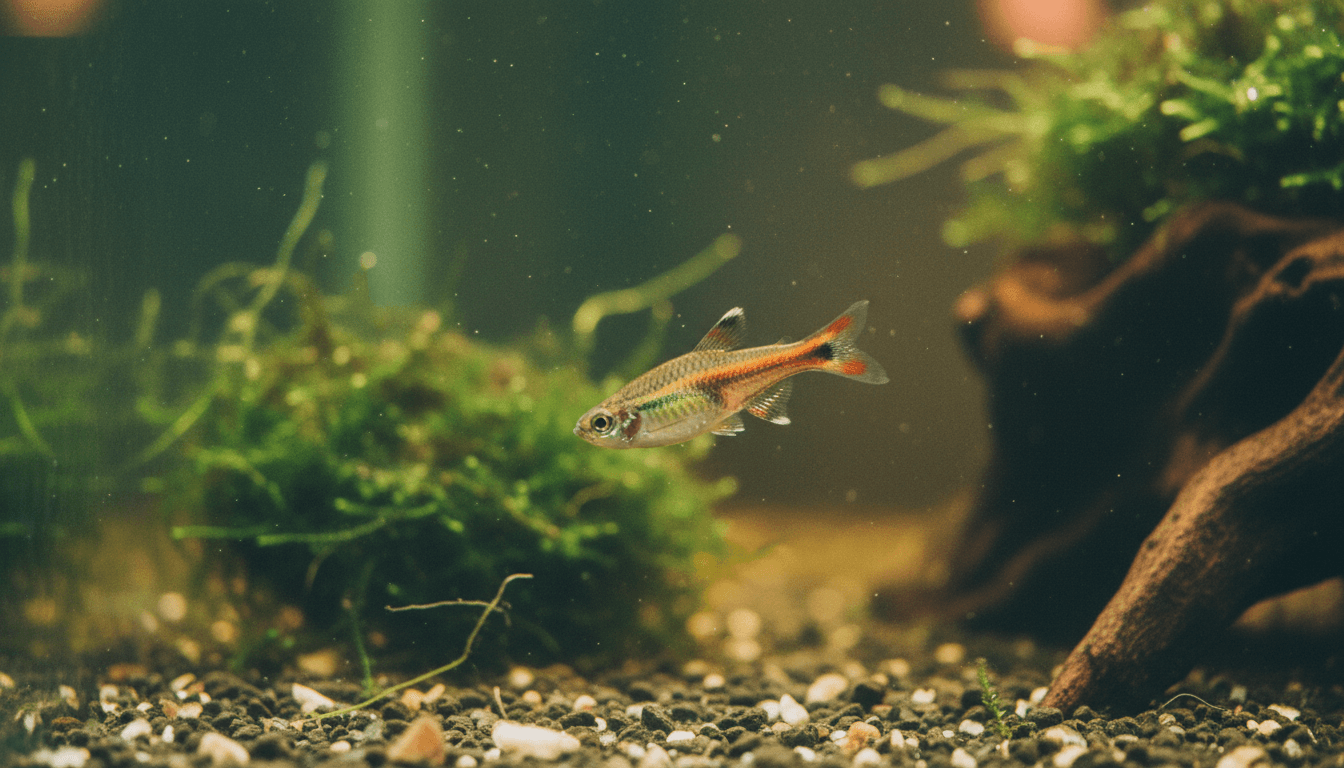 "Colorful least-rasbora (Boraras brigittae) swimming in a vibrant aquarium habitat with plants."