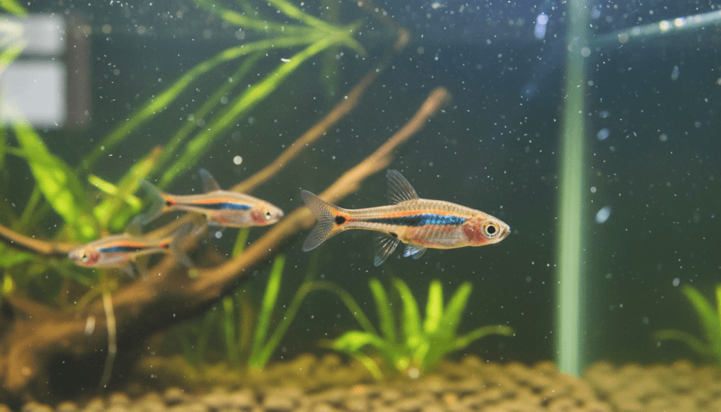 "Least-rasbora (Boraras urophthalmoides) swimming gracefully in a vibrant aquarium environment."