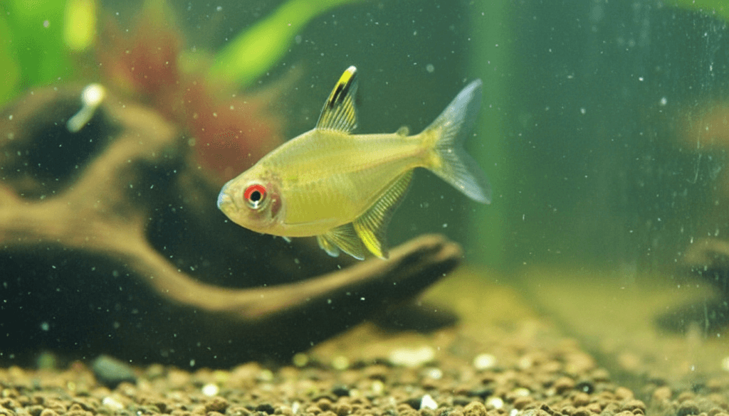 Colorful lemon tetra (Hyphessobrycon pulchripinnis) swimming in a vibrant freshwater aquarium setting.