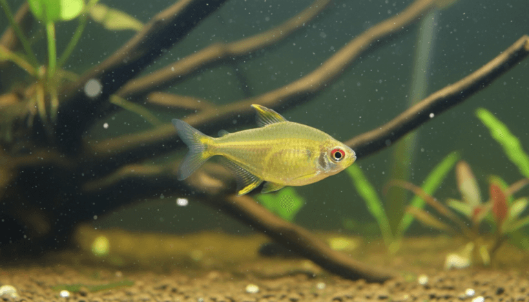 Lemon tetra (Hyphessobrycon pulchripinnis) swimming in a vibrant community aquarium setting.