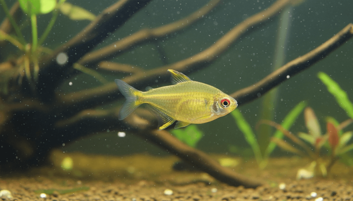 Lemon tetra (Hyphessobrycon pulchripinnis) swimming in a vibrant community aquarium setting.