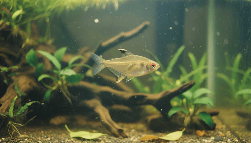 "Colorful lemon tetra (Hyphessobrycon pulchripinnis) swimming in a vibrant freshwater aquarium setting."