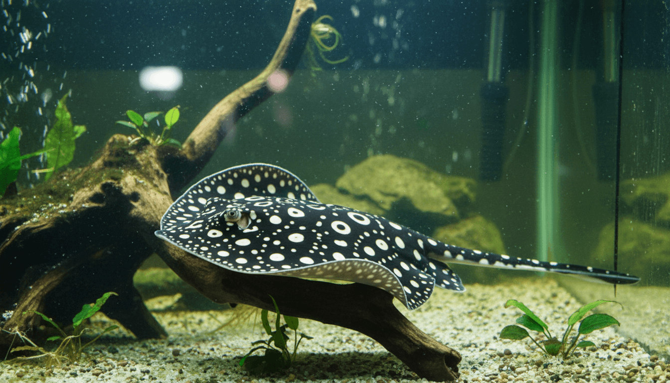 "Leopoldi stingray (Potamotrygon leopoldi) gracefully swimming in a well-maintained aquarium habitat."