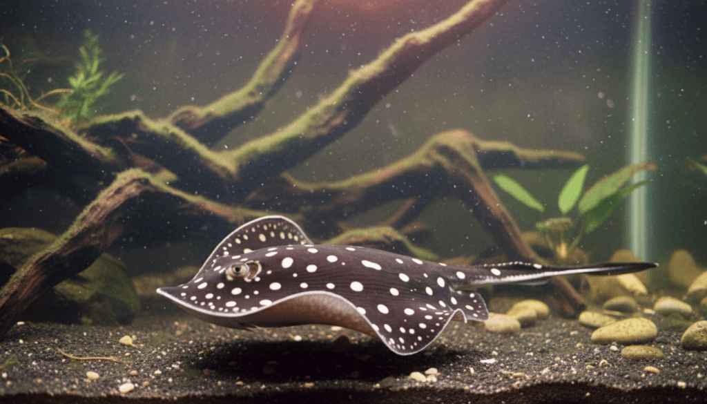 "Leopoldi stingray (Potamotrygon leopoldi) gracefully swimming in a vibrant aquarium environment."