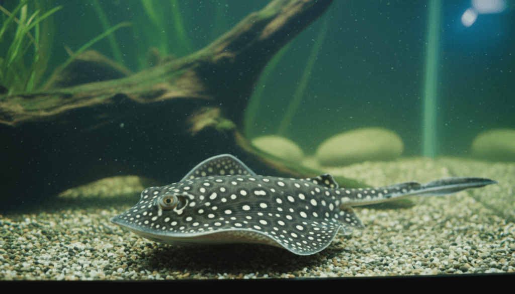 A leopoldi stingray (Potamotrygon leopoldi) gracefully swims in a vibrant aquarium display.