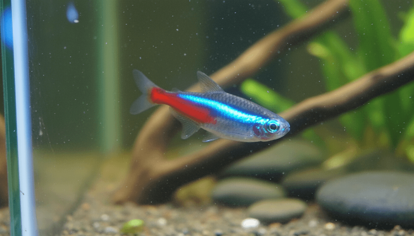 "Colorful neon tetra (Paracheirodon innesi) swimming in a vibrant home aquarium setting."