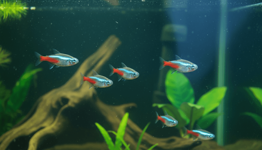 Colorful neon-tetra (Paracheirodon innesi) swimming in a vibrant aquarium setting with aquatic plants.