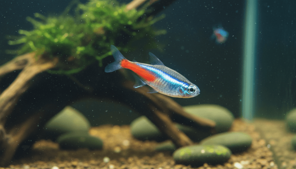 Colorful neon tetra (Paracheirodon innesi) swimming gracefully in a vibrant home aquarium.