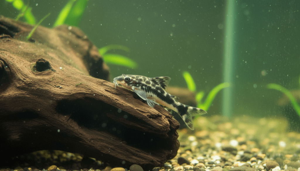 "Otocinclus affinis, also known as the cuckoo catfish, gracefully swimming in a lush aquarium."