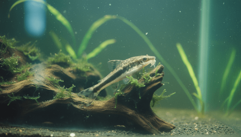 Otocinclus affinis, also known as the dwarf suckerfish, gracefully swims in a vibrant aquarium setting.