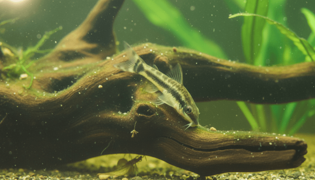 "Otocinclus affinis, commonly known as Otocinclus or twig catfish, gracefully swimming in a vibrant aquarium setup."