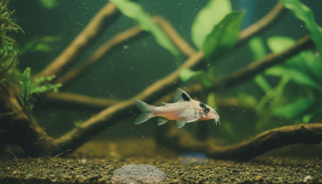 "Two panda-corydoras (Corydoras panda) swimming in a vibrant aquarium, showcasing their playful nature."