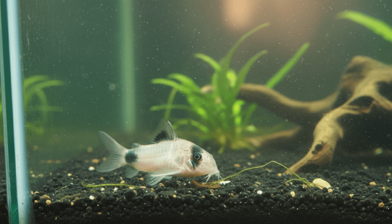 "Close-up of panda-corydoras (Corydoras panda) swimming in a vibrant aquarium habitat."