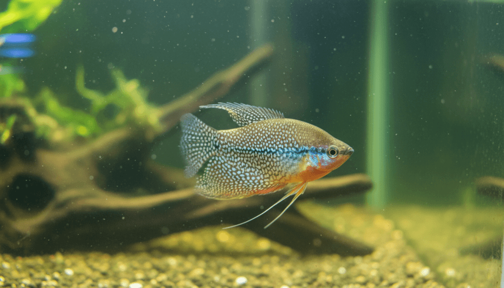 "Pearl-gourami (Trichopodus leerii) gracefully swimming in a vibrant home aquarium setting."