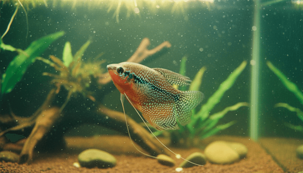 "Pearl-gourami (Trichopodus leerii) swimming gracefully in a vibrant aquarium setting, showcasing its iridescent scales."