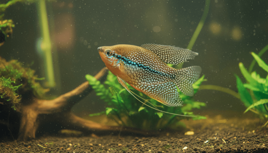 "Pearl gourami (Trichopodus leerii) swimming gracefully in a vibrant home aquarium setting."
