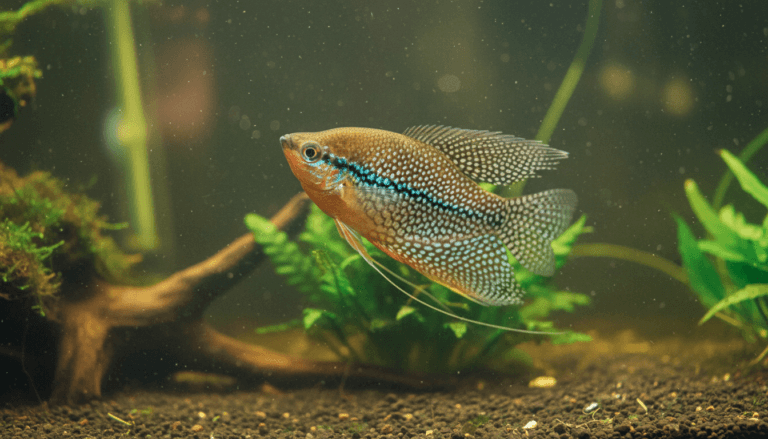"Pearl gourami (Trichopodus leerii) swimming gracefully in a vibrant home aquarium setting."