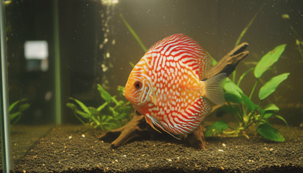 "Beautiful pigeon-blood-discus fish in a vibrant aquarium setting, showcasing its stunning colors and patterns."