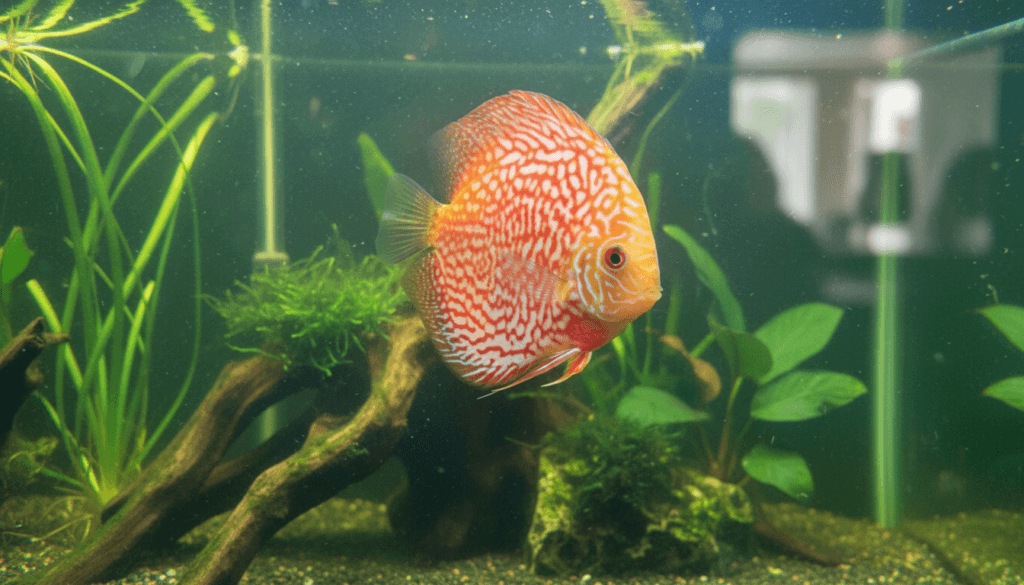 "Pigeon-blood-discus (Symphysodon aequifasciatus) showcased in a vibrant home aquarium setting."