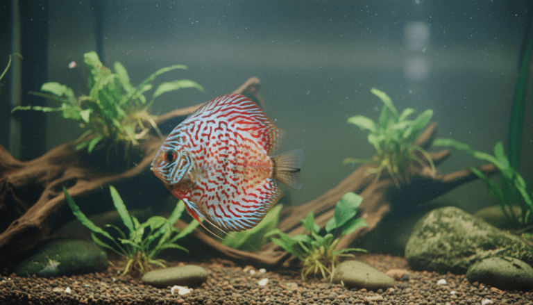 Vibrant pigeon-blood-discus (Symphysodon spp.) swimming gracefully in a well-maintained aquarium environment.