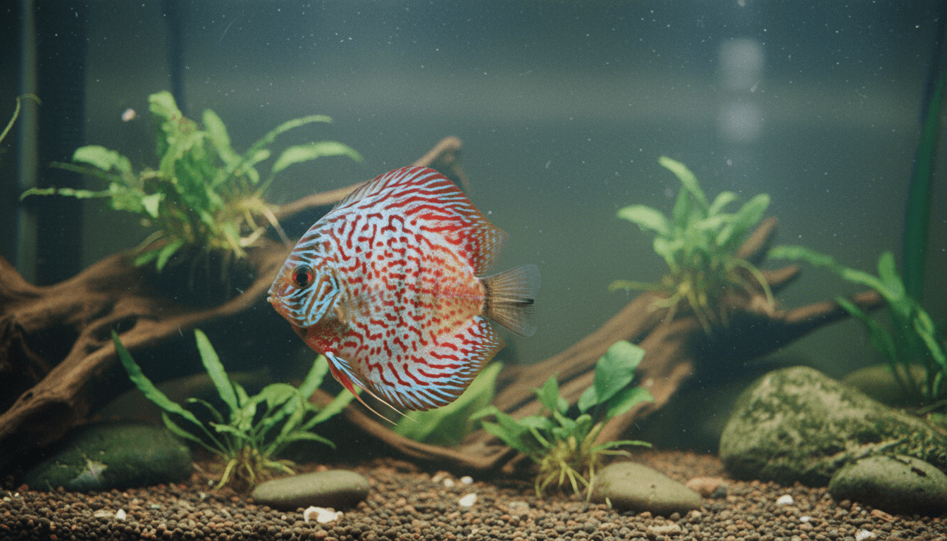 Vibrant pigeon-blood-discus (Symphysodon spp.) swimming gracefully in a well-maintained aquarium environment.