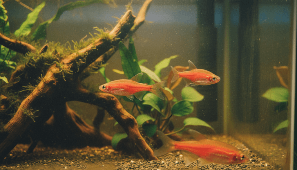 Rose sanio swims in an aquarium with anubias