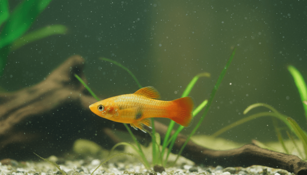 Colorful sunset-platy (Xiphophorus maculatus) swimming in a vibrant aquarium at sunset.