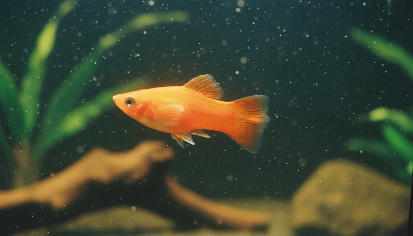 "A vibrant sunset-platy (Xiphophorus maculatus) swimming in a well-maintained aquarium during sunset."