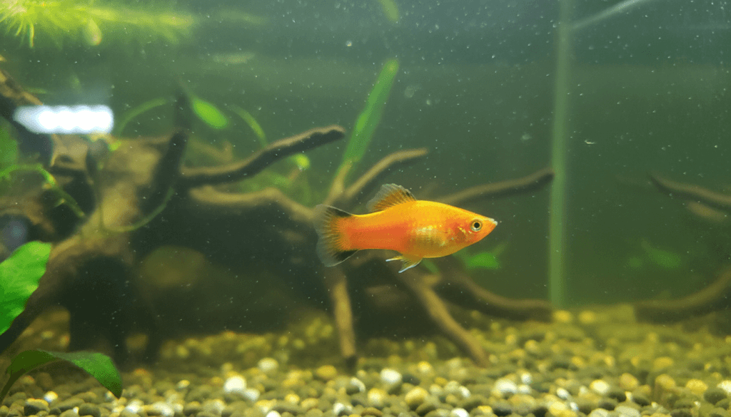 Vibrant sunset-platy (Xiphophorus maculatus) swimming gracefully in a colorful aquarium setting.