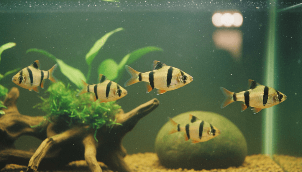 Brightly colored tiger barb (Puntigrus tetrazona) swimming in a vibrant aquarium setting.